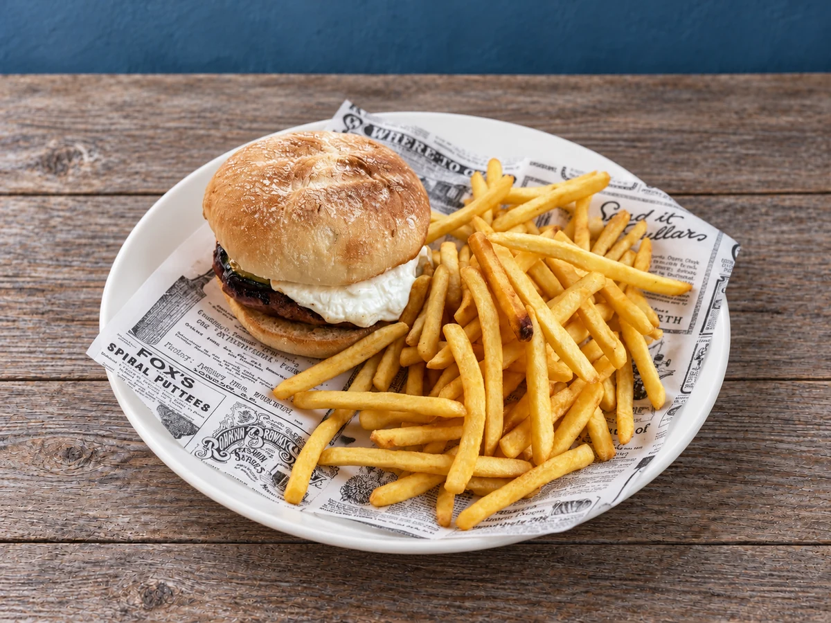 Hamburguesa con patatas fritas en La Sardina Loca