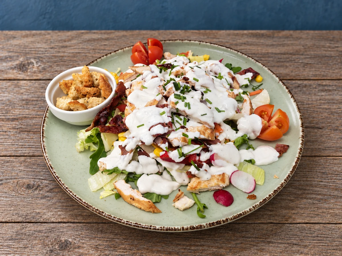Ensalada de pollo : pollo, bacon, ensalada, tomate