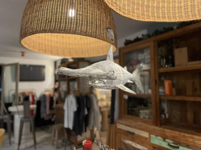 Pez de madera y lámparas